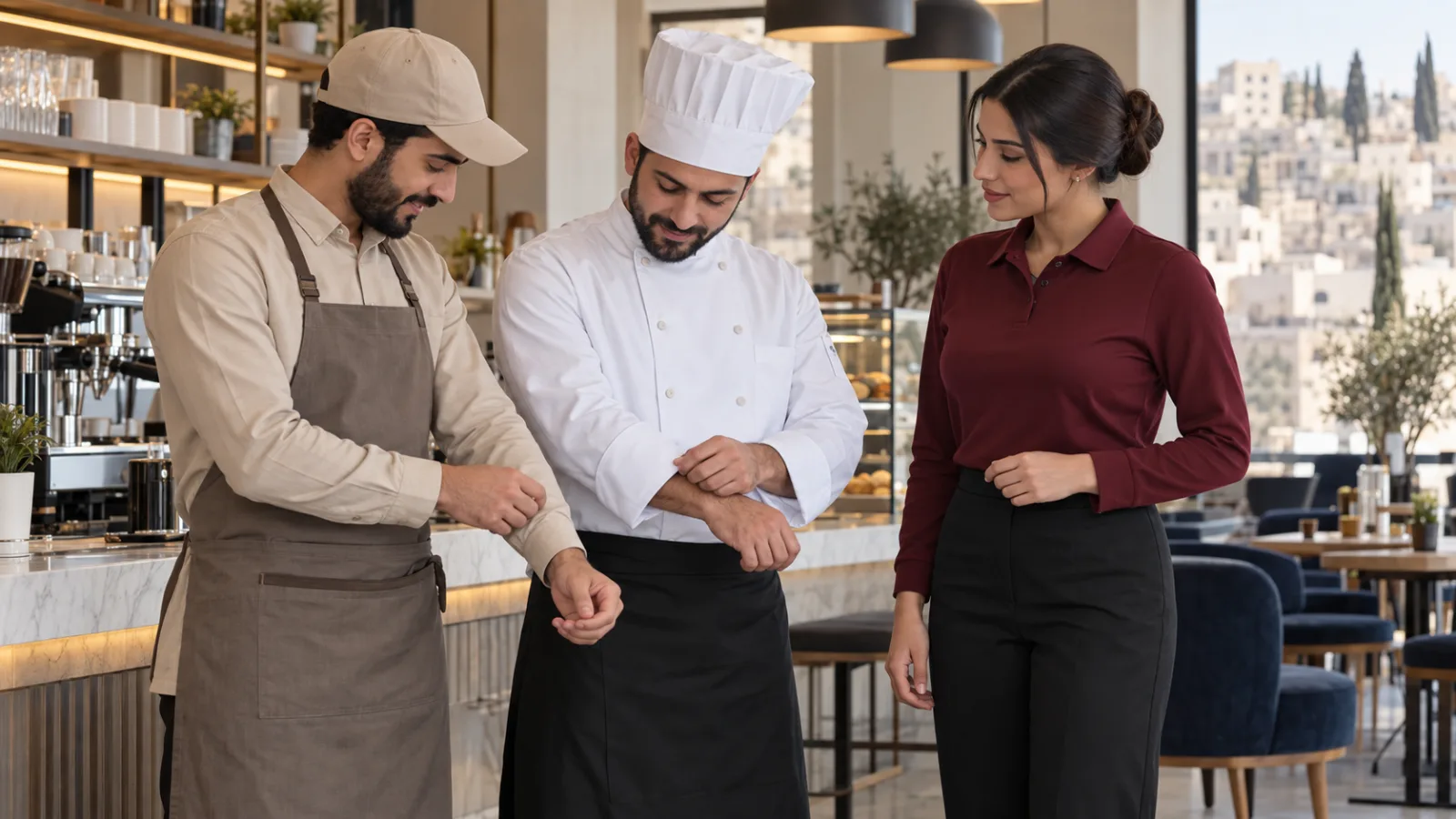 موظفة رعاية صحية وعامل يرتديان ملابس عمل شتوية أثناء مراجعة جاكيتات وأقمشة مهنية متينة.