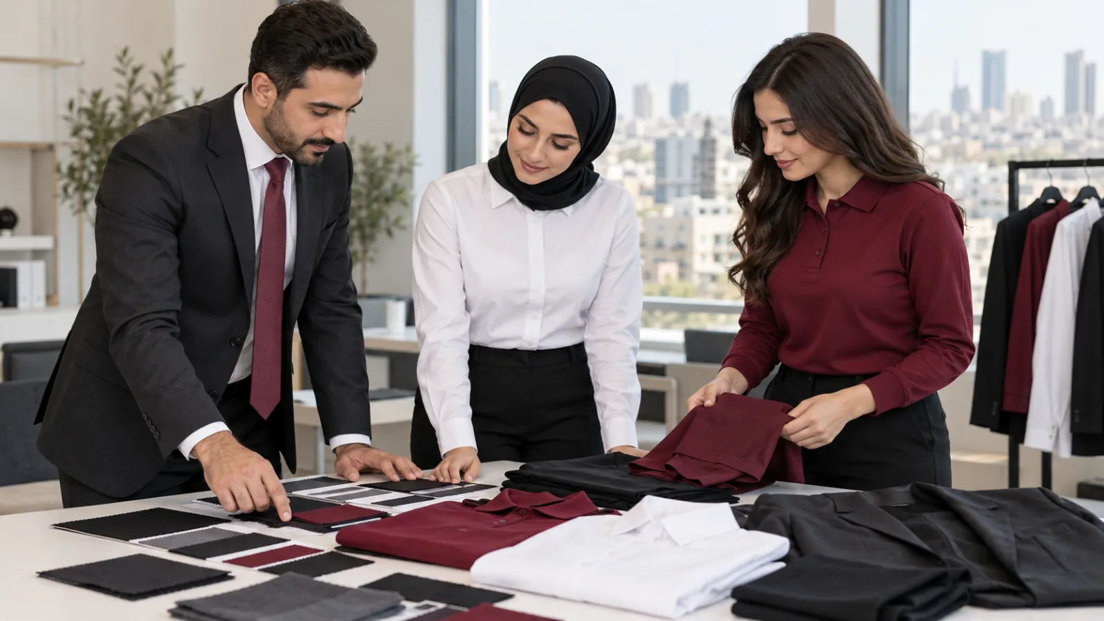 فريق شركة أردني يراجع عينات الأقمشة والملابس المهنية لاختيار زي موحد شتوي للموظفين.